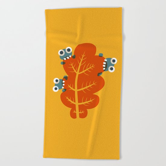Cute Bugs Eat Autumn Leaf Beach Towel