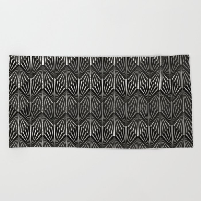 Facing Suns - Silver and Black - Classic Vintage Art Deco Pattern Beach Towel