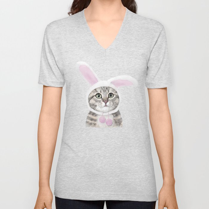 Floating Cat Bunny V Neck T Shirt