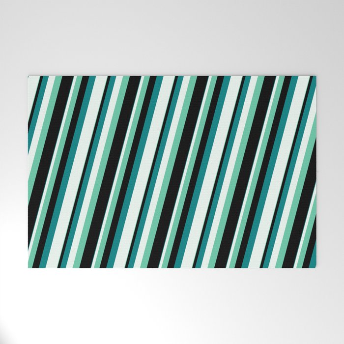 Aquamarine, Black, Teal, and Mint Cream Colored Lined Pattern Welcome Mat
