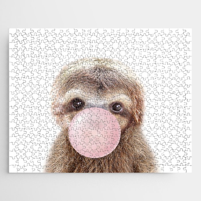 Baby Sloth Blowing Bubble Gum, Pink Nursery, Baby Animals Art Print by Synplus Jigsaw Puzzle