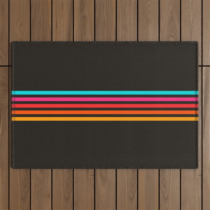 Nodah - Classic Colorful Abstract Retro Stripes on Black Outdoor Rug