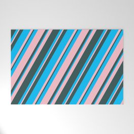 [ Thumbnail: Deep Sky Blue, Pink & Dark Slate Gray Colored Stripes Pattern Welcome Mat ]