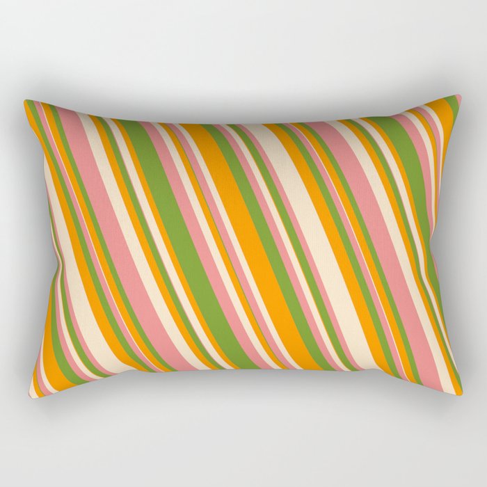 Green, Dark Orange, Bisque, and Light Coral Colored Lines Pattern Rectangular Pillow