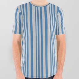 [ Thumbnail: Blue & Light Grey Colored Striped/Lined Pattern All Over Graphic Tee ]