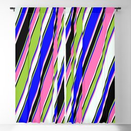 [ Thumbnail: Eye-catching Green, Blue, Hot Pink, Mint Cream & Black Colored Pattern of Stripes Blackout Curtain ]