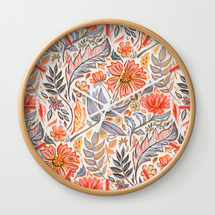Coral Pink, Red and Lilac Art Nouveau Floral Wall Clock