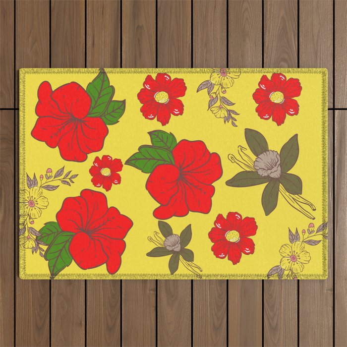 Retro Florals Red and Yellow  Outdoor Rug