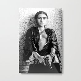 Frida with a Gun, Black and White, Vintage Wall Art Metal Print