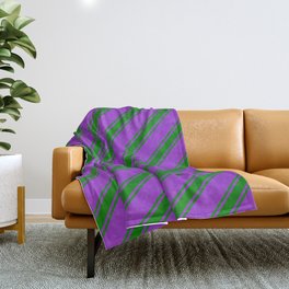 [ Thumbnail: Dark Orchid and Green Colored Striped Pattern Throw Blanket ]