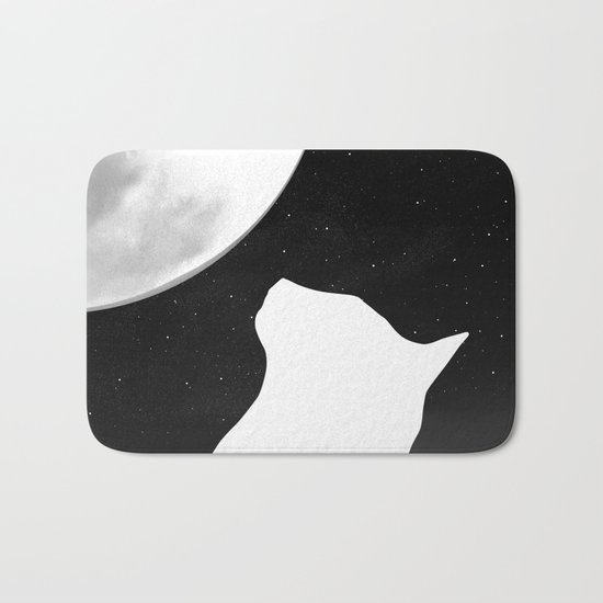 Black And White Dreaming Cat and Moon Design Bath Mat