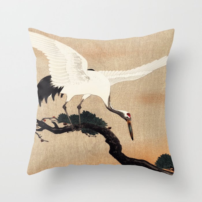 Crane Bird Branch Traditional Japanese Wildlife Throw Pillow