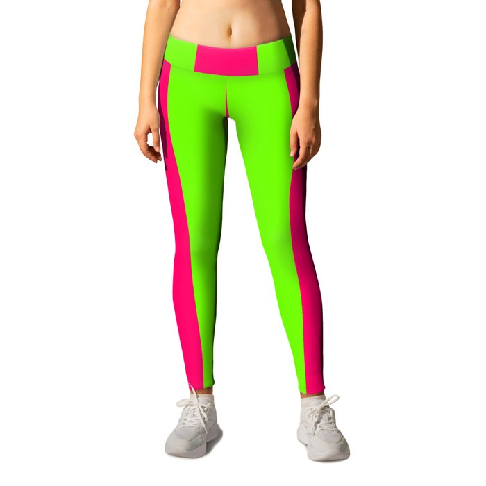Bright Neon Green and Pink Vertical Cabana Tent Stripes Leggings