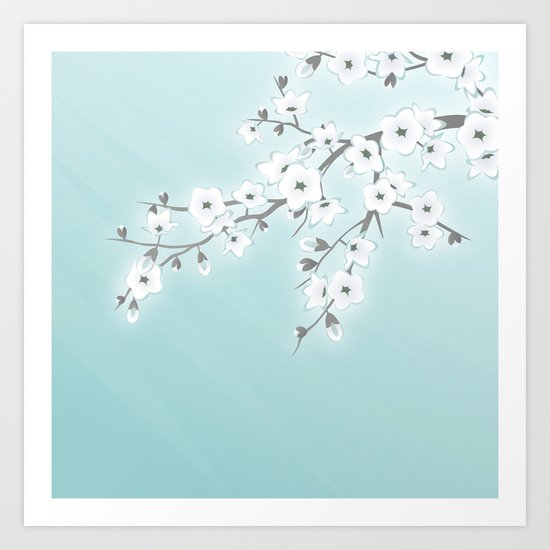 Cherry Blossoms Mint White Art Print