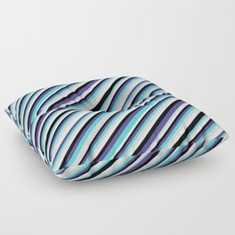 [ Thumbnail: Eyecatching Turquoise, Light Grey, White, Black & Dark Slate Blue Colored Stripes Pattern Floor Pillow ]