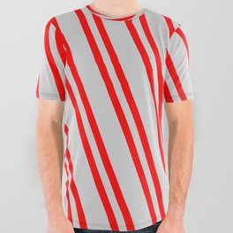 [ Thumbnail: Light Gray and Red Colored Striped Pattern All Over Graphic Tee ]