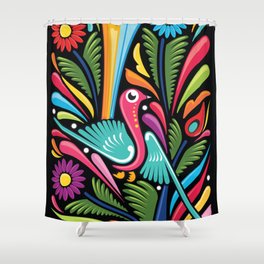 Mexican Otomi - Colorful Bird in Black Background by Akbaly Shower Curtain