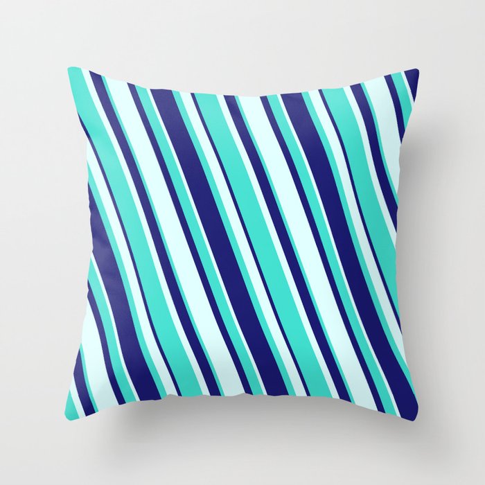 Turquoise, Midnight Blue, and Light Cyan Colored Stripes/Lines Pattern Throw Pillow