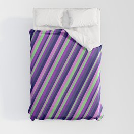 [ Thumbnail: Colorful Light Green, Dark Orchid, Dark Slate Blue, Midnight Blue, Violet Colored Striped Pattern Duvet Cover ]