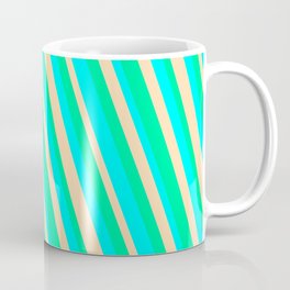 [ Thumbnail: Aqua, Tan, and Green Colored Striped/Lined Pattern Coffee Mug ]