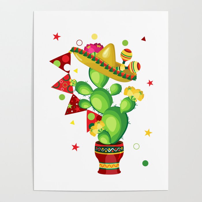 Holiday of Cinco de Mayo. Cactus in sombrero with maracas and triangular flags Poster