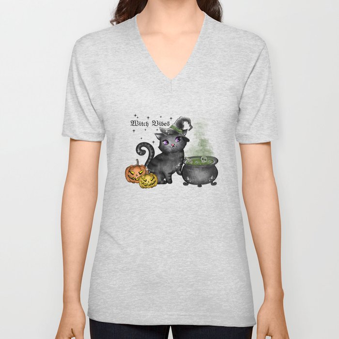 Witch vibes with a witch cat halloween V Neck T Shirt