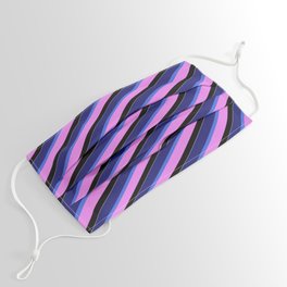 [ Thumbnail: Vibrant Midnight Blue, Royal Blue, Violet, Black, and White Colored Pattern of Stripes Face Mask ]