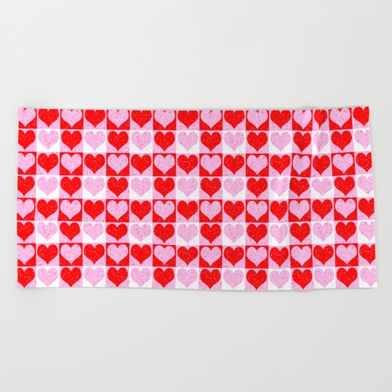 Love Heart Red Pink and White Check Pattern Beach Towel