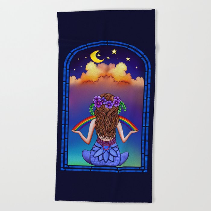 Midnight Window Crescent Moon Meditation - colorful print metaphysical Spiritual art Beach Towel