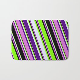 [ Thumbnail: Chartreuse, Lavender, Indigo, Orchid & Black Colored Striped/Lined Pattern Bath Mat ]