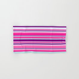 [ Thumbnail: Colorful Hot Pink, Deep Pink, Powder Blue, Purple, and Lavender Colored Lined Pattern Hand & Bath Towel ]