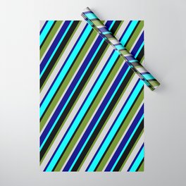 [ Thumbnail: Colorful Aqua, Black, Green, Light Grey, and Blue Colored Lined/Striped Pattern Wrapping Paper ]