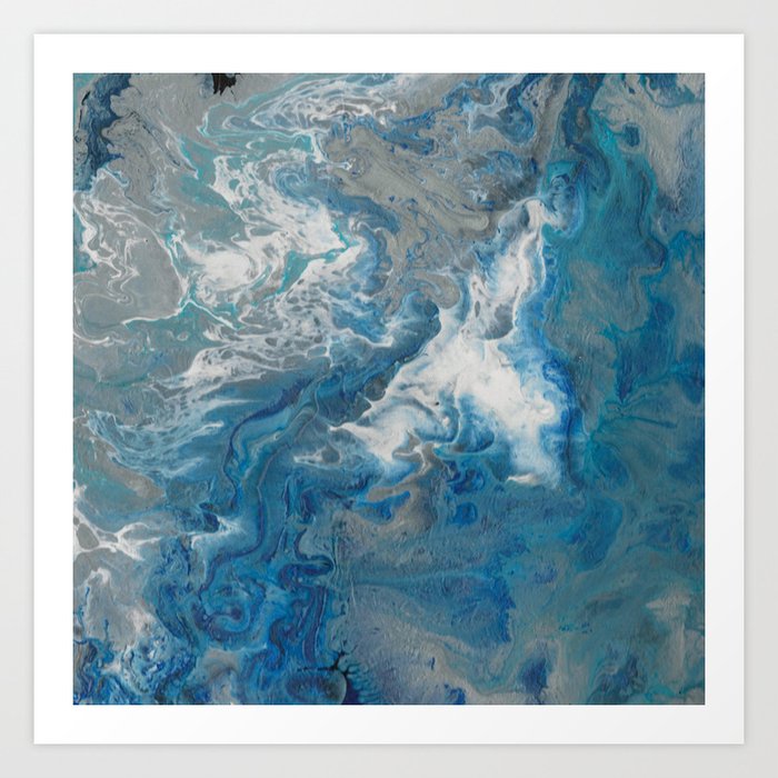 Blue Waves Abstract Poured Acrylic Blue White Silver And Black