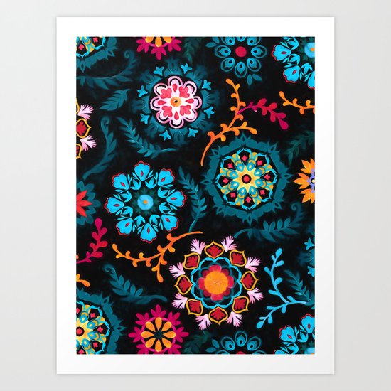 Suzani Inspired Pattern on Black Art Print