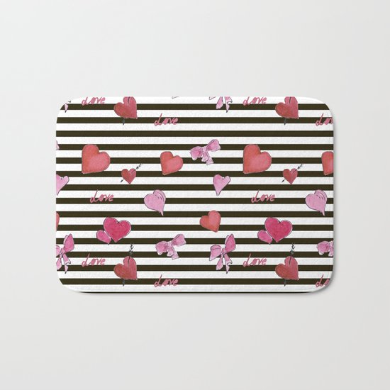 Valentines Day pattern watercolor hearts on striped Bath Mat