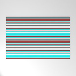 [ Thumbnail: Cyan, White, and Brown Colored Lines/Stripes Pattern Welcome Mat ]