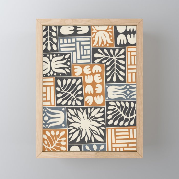 Stylized Floral Patchwork in Rumba Orange, Spade Black and Slate Gray Color Framed Mini Art Print