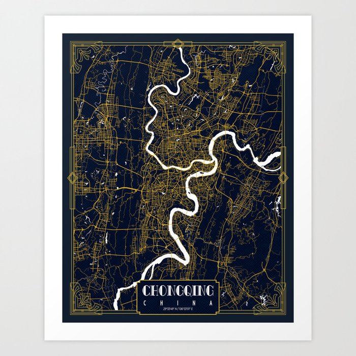 Chongqing City Map of China - Gold Art Deco Art Print