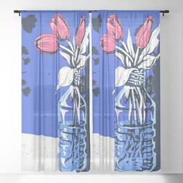 Holland Tulips Bouquet on Cobalt and Delft Blue Sheer Curtain
