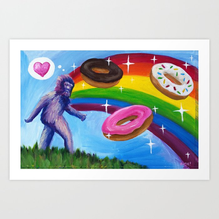 Sasquatch with Rainbow and Donuts Art Print