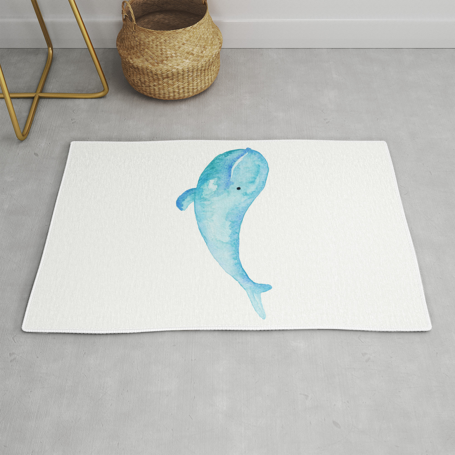 Cute Whale Watercolor Painting Ocean Life Saltwater Blue Whale Rug
