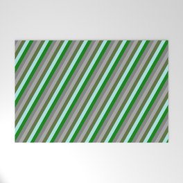 [ Thumbnail: Eye-catching Turquoise, Green, Grey, Dark Grey, and Dark Olive Green Colored Striped Pattern Welcome Mat ]