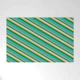 [ Thumbnail: Beige, Dark Salmon, Green & Light Sea Green Colored Lines Pattern Welcome Mat ]