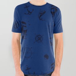 Monochrome Blue Silhouettes Of Vintage Nautical Pattern All Over Graphic Tee