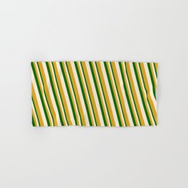 [ Thumbnail: Dark Green, Beige, and Goldenrod Colored Stripes/Lines Pattern Hand & Bath Towel ]