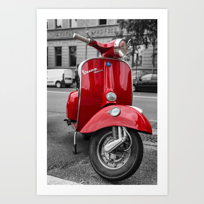 Red Vespa Sprint In Bologna Black and White Photography Art Print