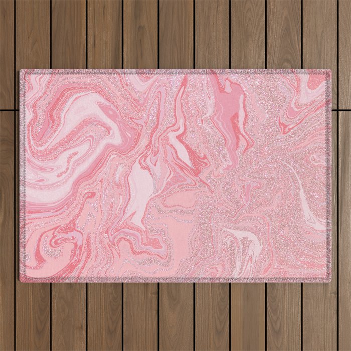 Sparkly Modern Blush Coral Pink Glitter Marble Outdoor Rug