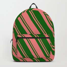 [ Thumbnail: Light Coral and Dark Green Colored Lines Pattern Backpack ]