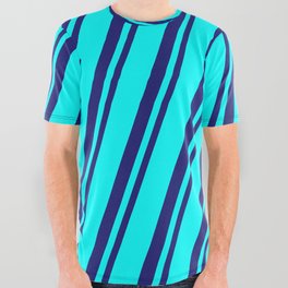 [ Thumbnail: Cyan & Midnight Blue Colored Striped/Lined Pattern All Over Graphic Tee ]