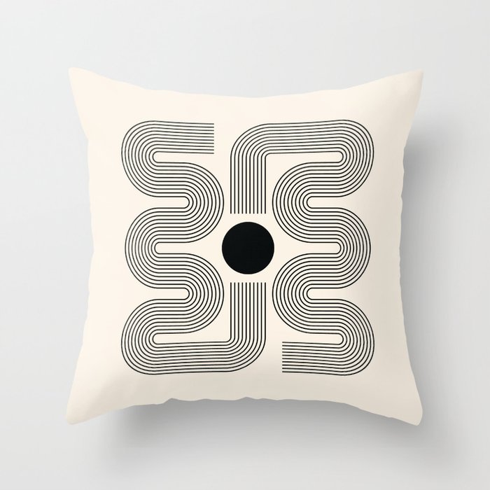 Geometric Lines and Shapes in Black and Beige 3 (Sun and Rainbow Abstract) Throw Pillow